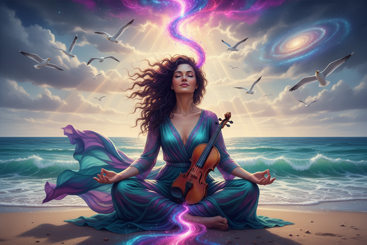 #5CDEE4, #6600CD #8C08D3, hell rosa #FF00FF#A901B0 von eine frau mit lockigen haaren die am Strand sieht, der wind weht, Seevöolegl zwitschen Himmel ist halbwolkig und die sonne scheint durch die Wolken an sie und sie sitze da mit ihrer Geige und erlebt gerade eine Kundalinie und ist energeetisch mit himmel und erde verbunden und erlebt eine Egoauflösunf und verbindung mir ihre hhöheren selbst
