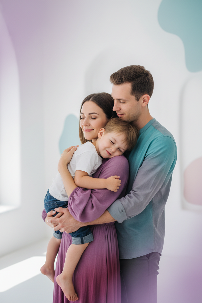 A bright, emotionally warm vertical scene (9:16) of a happy child with emotionally present parents. The child feels safe, relaxed and joyful. Parents are calm, attentive and connected, showing gentle eye contact and soft body language. The atmosphere is light, harmonious and balanced. Color palette subtly infused with soft purple (#6600CD), cyan (#33BBB8) and dark pink (#A901B0). Natural light from above or the side, clean minimalist background, modern aesthetic. Realistic cinematic photography style. Verti