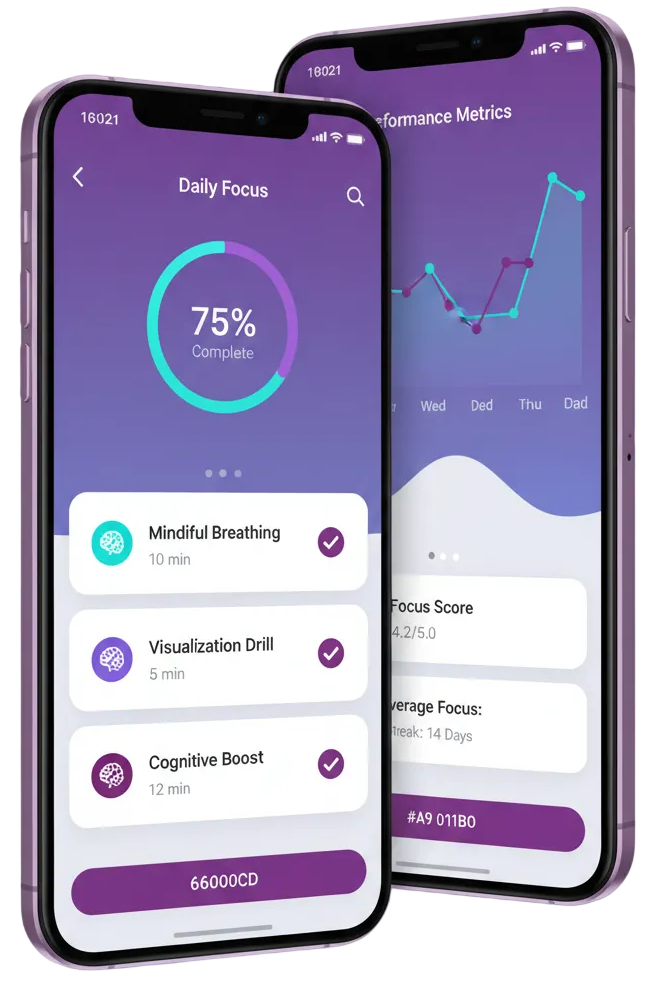 app-basierte tracking von mentale leistung, tägliche Übungen auf handy, zwei handies überlappt, bild im Hochformat. zeige zwei Handies farben:  Lila #6600CD, Cyan #33BBB8, dunkel Rosa #A901B0