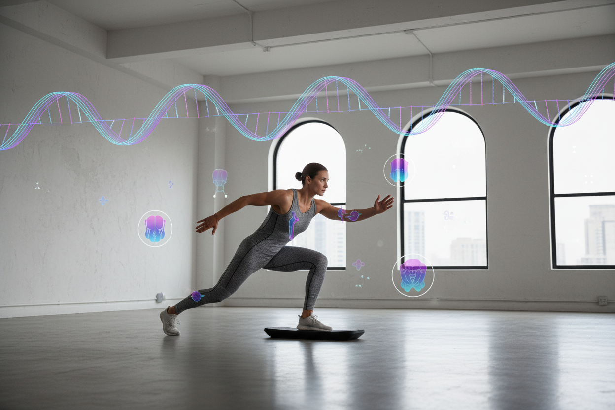 Athletische, moderne Szene (geschlechtsneutral): Person beim Training in cleanem Studio, darüber abstrakte DNA-Linien + Muskel/Sehnen-Icons, Premium-Look, dezente Gradient-Akzente Lila/Cyan/Dunkelrosa, 16:9, keine Logos“