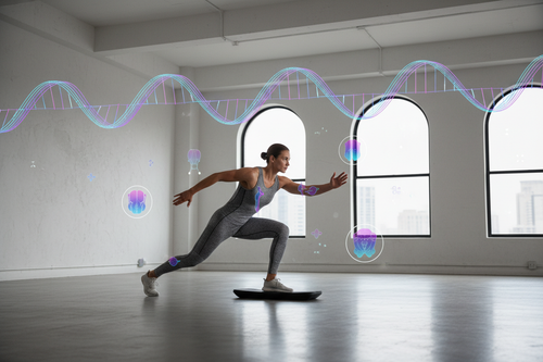 Athletische, moderne Szene (geschlechtsneutral): Person beim Training in cleanem Studio, darüber abstrakte DNA-Linien + Muskel/Sehnen-Icons, Premium-Look, dezente Gradient-Akzente Lila/Cyan/Dunkelrosa, 16:9, keine Logos“