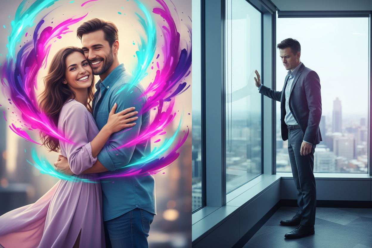 auf link seite 1 gluckliche paar farbig und aiuf rechte seite emotopnalöe trennung und frust und hoffung eine gute beziehung aber ceo ist alleine