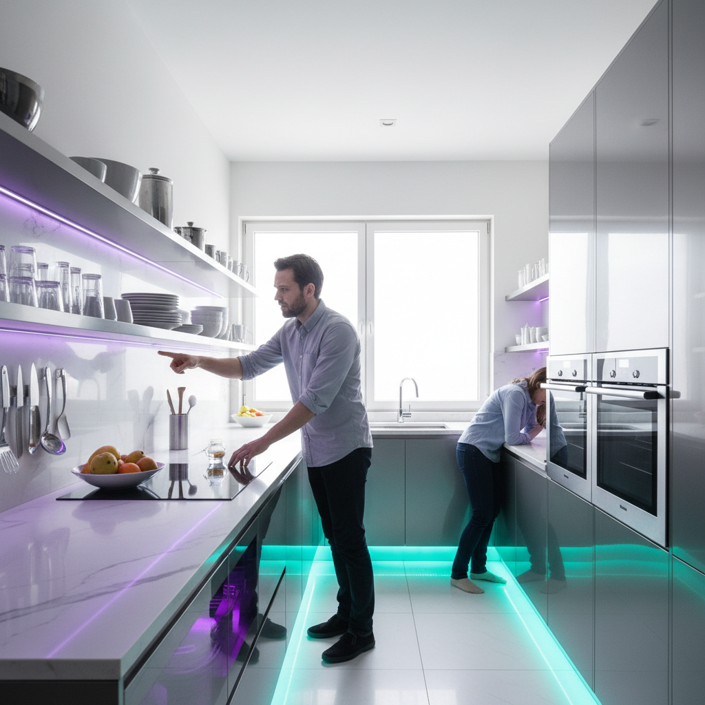 “Bright, slightly surreal high-key scene: immaculate modern kitchen flooded with daylight, everything perfectly aligned. One partner adjusts objects with obsessive precision, pointing out flaws with a tight expression; the other partner shrinks back, exhausted. Eerie detail: reflections in glossy surfaces look subtly distorted though the room is bright. Accent lighting in #6600CD and #A901B0, cyan #33BBB8 under-cabinet glow. Premium, no text.” 1:1