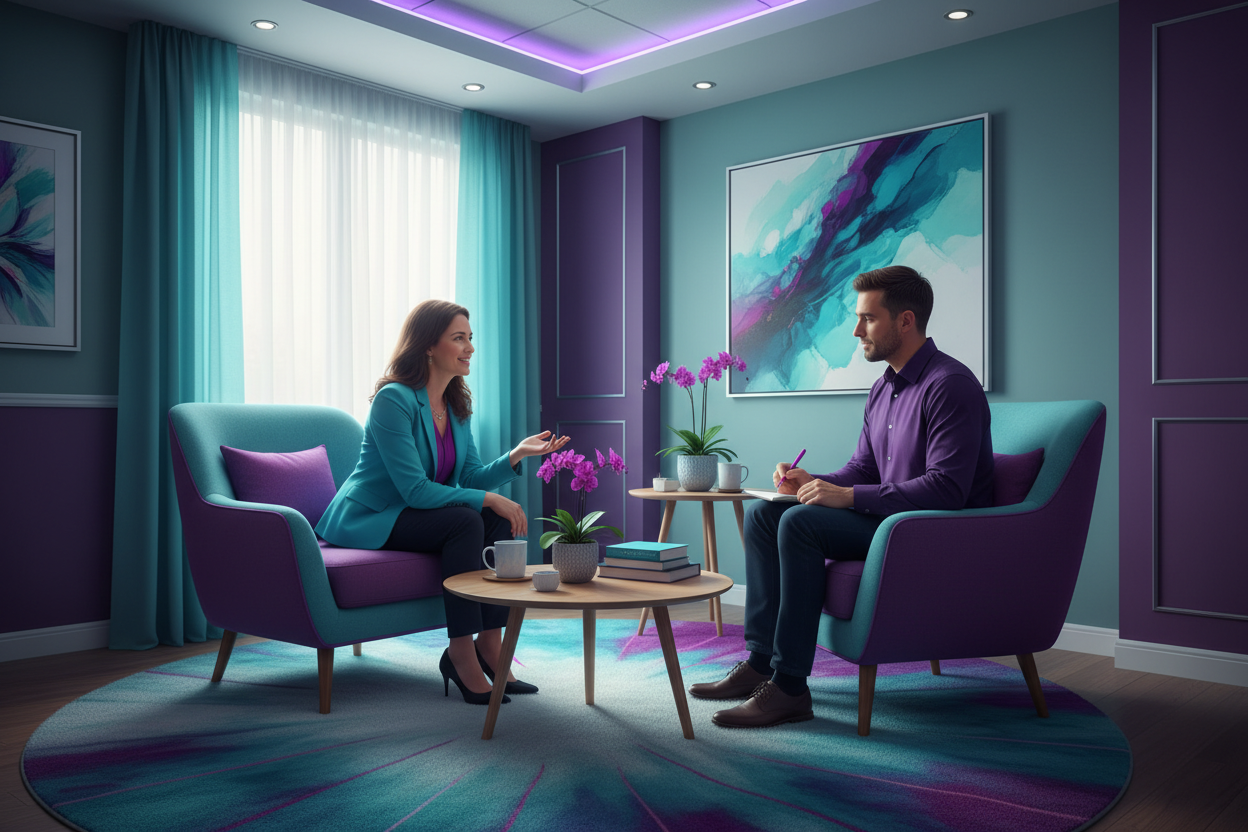 coaching session mit den farben #33BBB8, #5CDEE4, #8C08D3 mehr davon ,#FF00FF wenig davon 