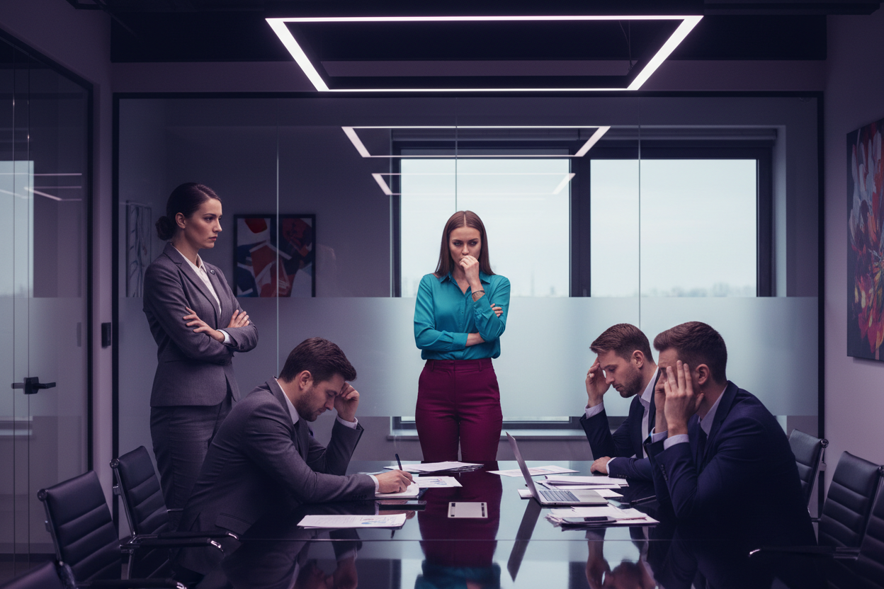 
ein bild über erschöpfte menschen, die auch im konflikt sind in dir firma und team . , realistisch und professionel mit den farben Lila #6600CD, Cyan #33BBB8, dunkel Rosa #A901B0
