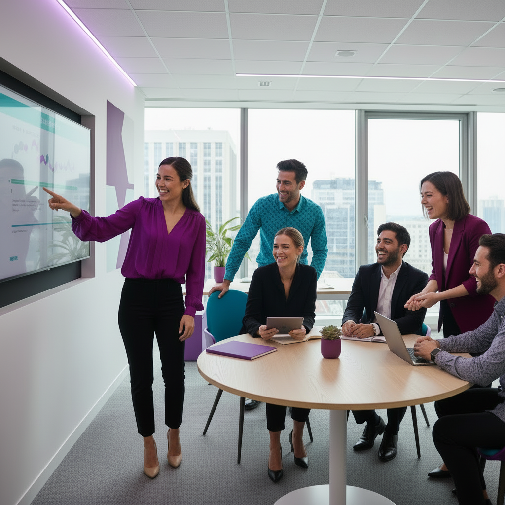 
ein bild über gutgelaunte, gesunde  menschen, die auch mit einander in freude und kooperation arbeiten  sind in dir firma und team . , realistisch und professionel mit den farben Lila #6600CD, Cyan #33BBB8, dunkel Rosa #A901B0 jedocj mit eine helle stimmung
