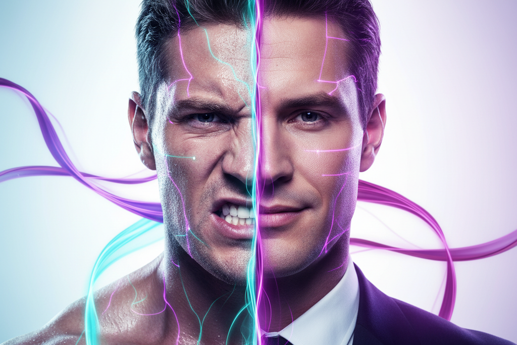 ein halb gesicht sportler und hablb gesicht CEO mit helle hintergfround