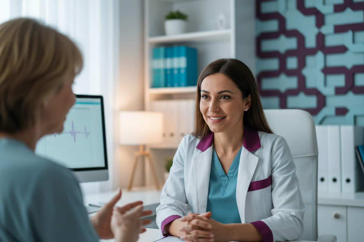 ein realsistische professioneles bild mit einer ärtin in beratung die ganz hezlich und genau und empatische die den kient zu hört mit farben Farben: Lila #6600CD, Cyan #33BBB8, dunkel Rosa #A901B0
 mit megr cyan 