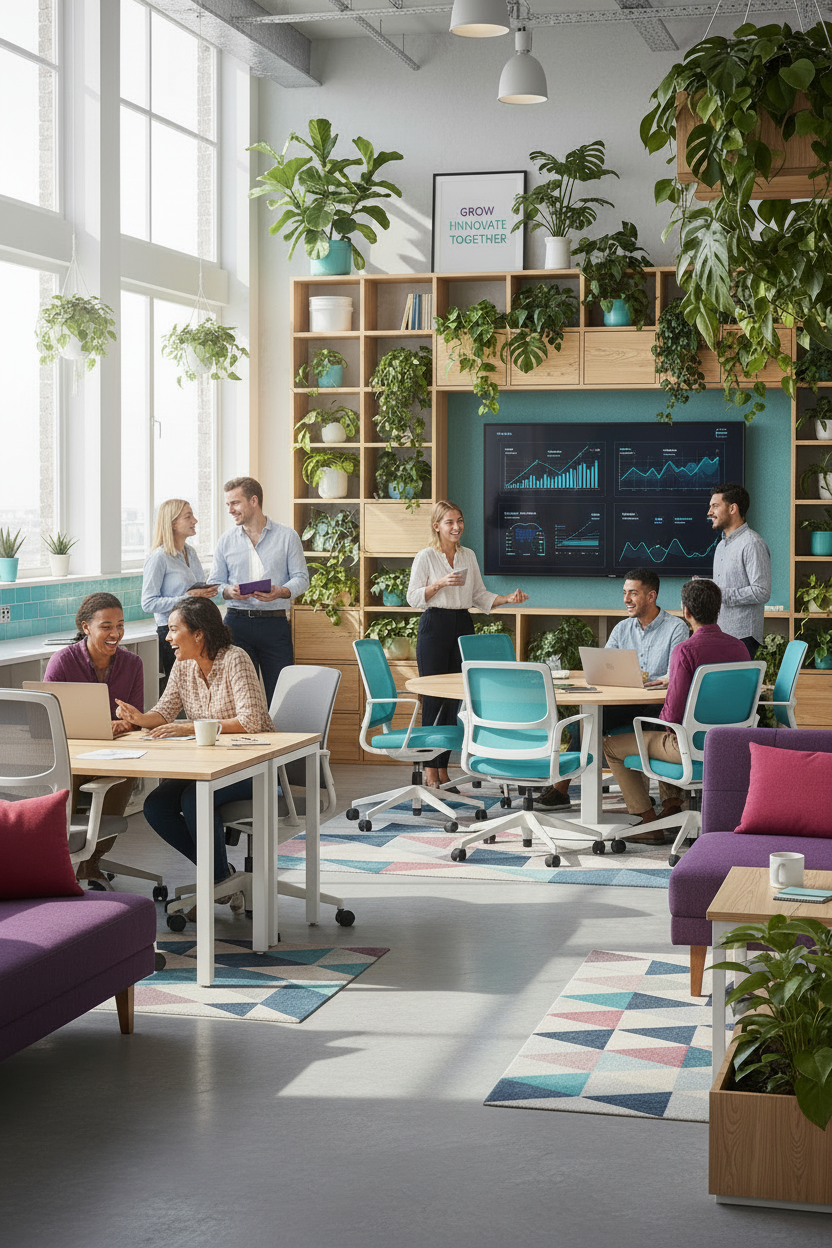 eine firma dass leute gesund sind es gibt grüne in office und die leute glucklich koaperieren

Lila #6600CD, Cyan #33BBB8, dunkel Rosa #A901B0
vertical