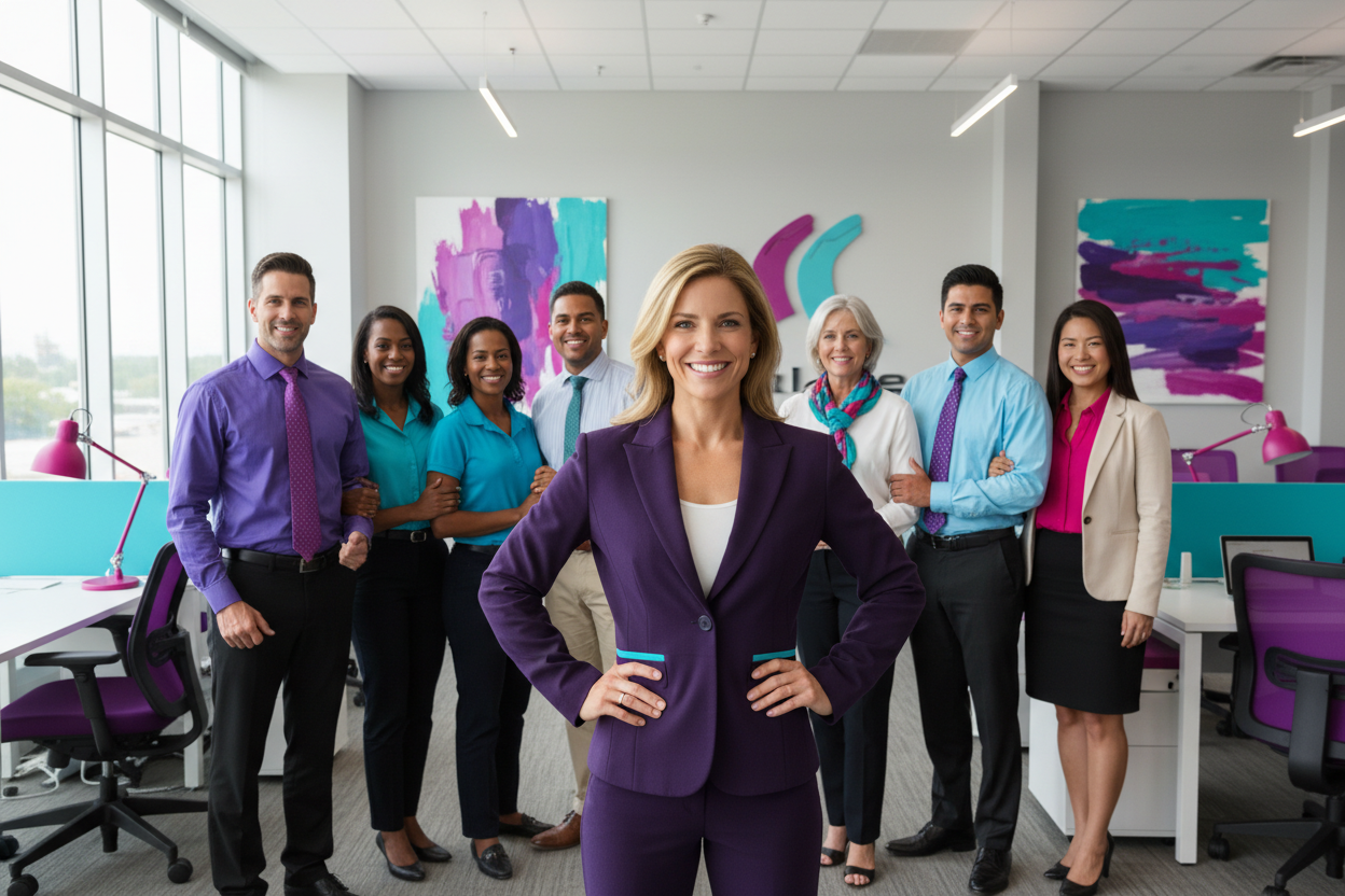 eine glückliche und fitte Führungskraft mit starkem team hinte sich unsere farben: #8C08D3, #33BBB8, #8C08D3, #FF00FF