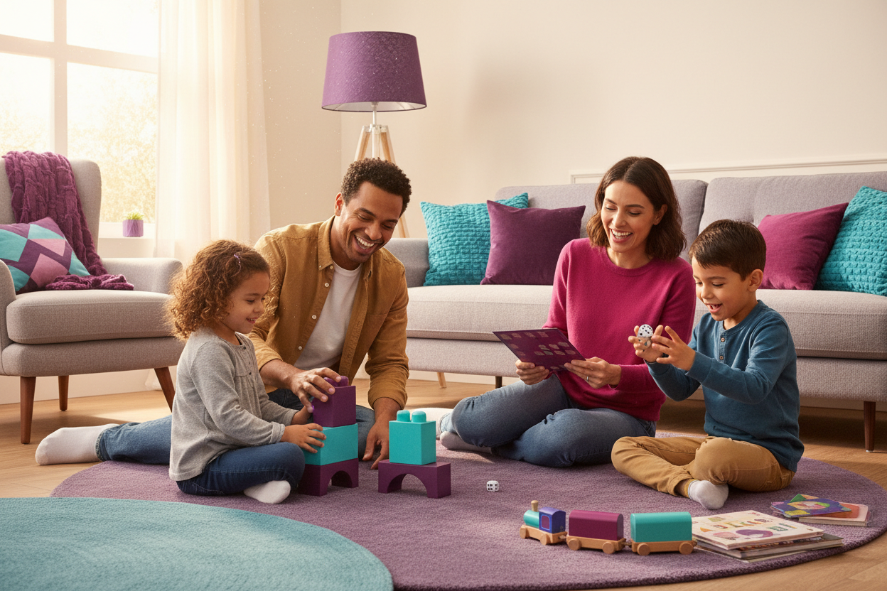 eine gluckliche familie in eigene haus kinden und eltern spielen gemeinsam.

Lila #6600CD, Cyan #33BBB8, dunkel Rosa #A901B0
