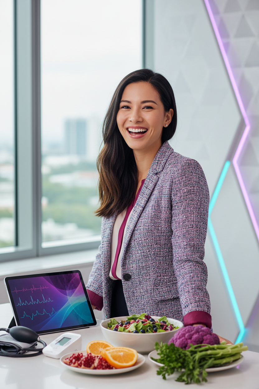 fit und gesundes Businessfrau, gesundes essen, chckup und test, glücklich, realistisches bild, hochformat mit farben Lila #6600CD, Cyan #33BBB8, dunkel Rosa #A901B0