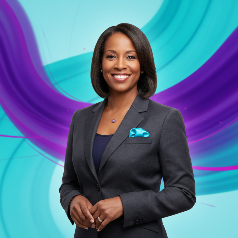 Generiere Ein Bild mit unsere farben #33BBB8, #5CDEE4, #8C08D3, und wenig #FF00FF über einem gesunden glücklichen und resilenten Führungskraft
