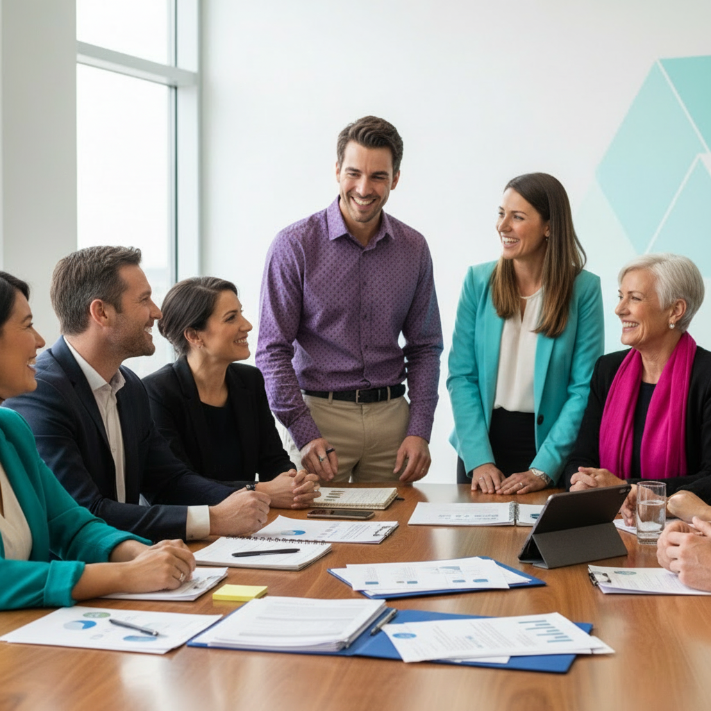 generiere ein Bild mit unsere farben farben #33BBB8, #5CDEE4, #8C08D3,#FF00FF
quadratisch mit gesunden produktinen und glückenen und starken führungsteams realitische gesischter 