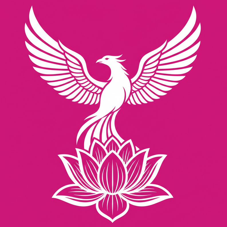 generieren ein Bild mit Hintergrung in #A901B0, Vordergrund weiß, starke deutliche weiße Linien, quadratisch, über Seeliche Gesundheit mit einem Phönix und lotusblume