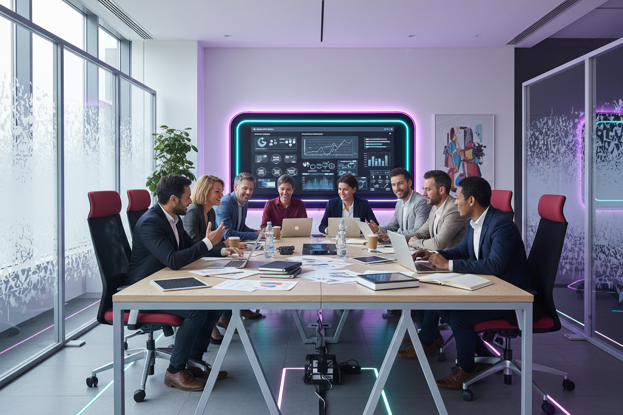 hi perfromance teams, realistisch, gutes teamwork mit farben  Lila #6600CD, Cyan #33BBB8, dunkel Rosa #A901B0
