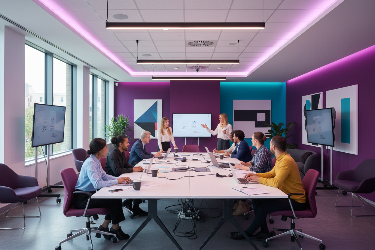 High-Performing-Teams, realistisch mit farben  Lila #6600CD, Cyan #33BBB8, dunkel Rosa #A901B0