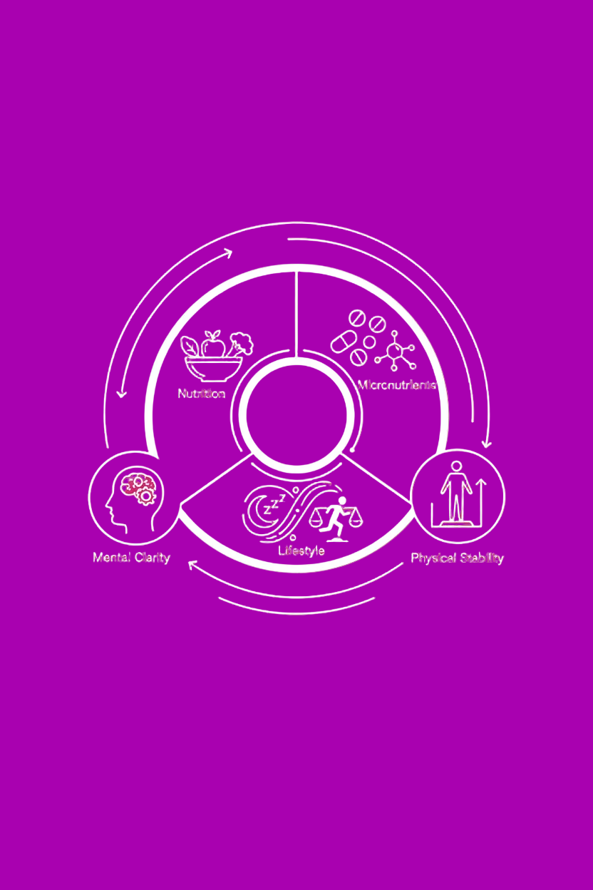 ich brauche ein bild 9:16 mit HG #A901B0 und vordergrund weiß. es soll darum gehen: Auf Basis der Tests entwickeln wir einen klaren, machbaren Plan für Ernährung, Mikronährstoffe und Lebensstil, der zu deinem Alltag als Führungskraft passt. Wenn dein Körper stabil, genährt und reguliert ist, kann dein Verstand klar arbeiten. am besten ein kreis mit allen elementen ohne viel text. der kreis soll in der mitte richtung oben sein 