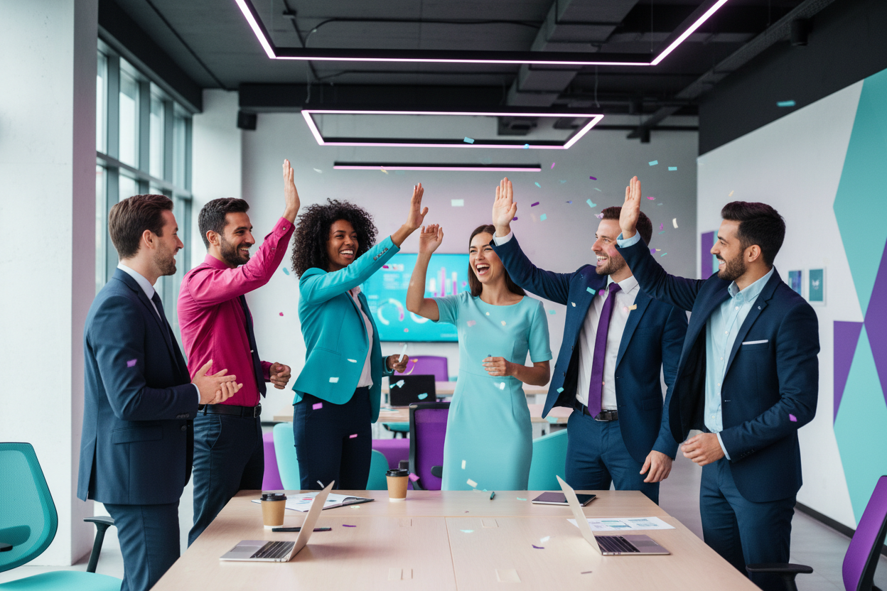 ich brauche ein Bild von einem starken glücklichen und erfolgreichen mordernen Arbeits  teams, die zusammen herzlich den Erfolg feiern und zusammen arbeiten mit unseren farben unsere farben farben #33BBB8, #5CDEE4, #8C08D3,#FF00FF