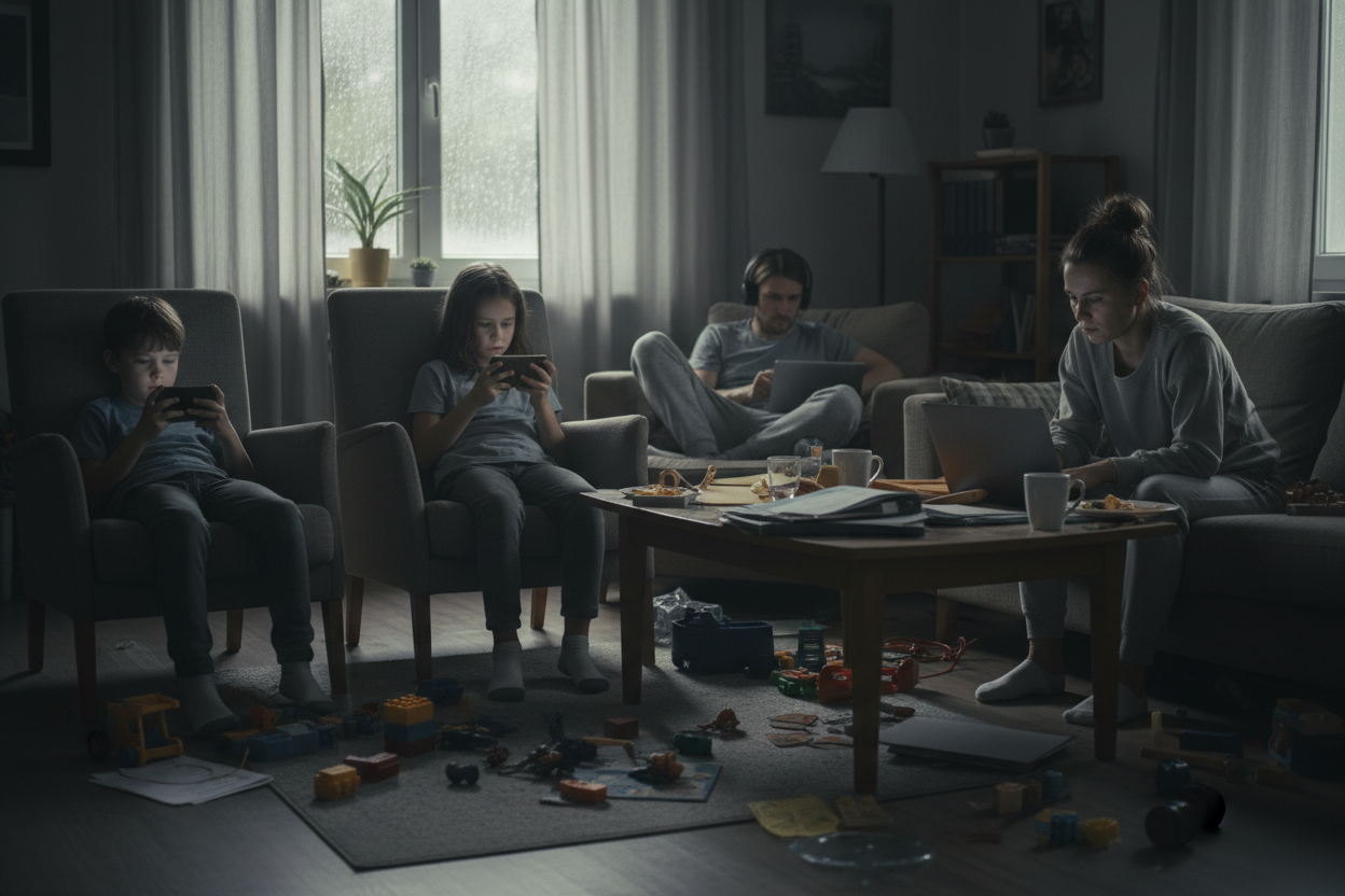 keine zwei farbig keit. einfach ein realles photo von eine familie zu Hause die kinder mit handy speieln und die frau in ihre eingene arbeit getaucht sind und zuhause sehr unordetlocj ist. nicht so farbig ein bisschen dark