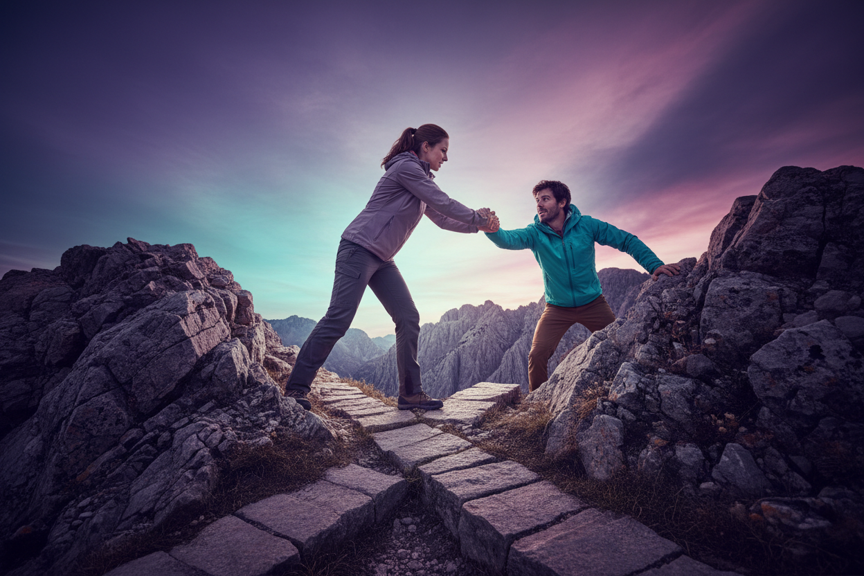 mehr realstich. die kreuzung mehr da und kleidungen passend für mountain climbing. camera mehr von untern und näher 