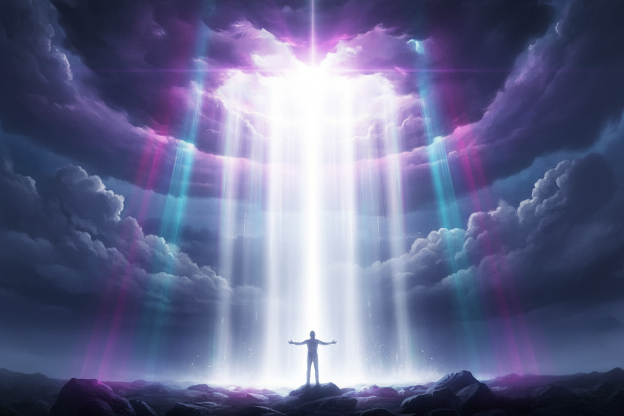 mehr weißer lcihe durch die wolken und mit fokus auf person