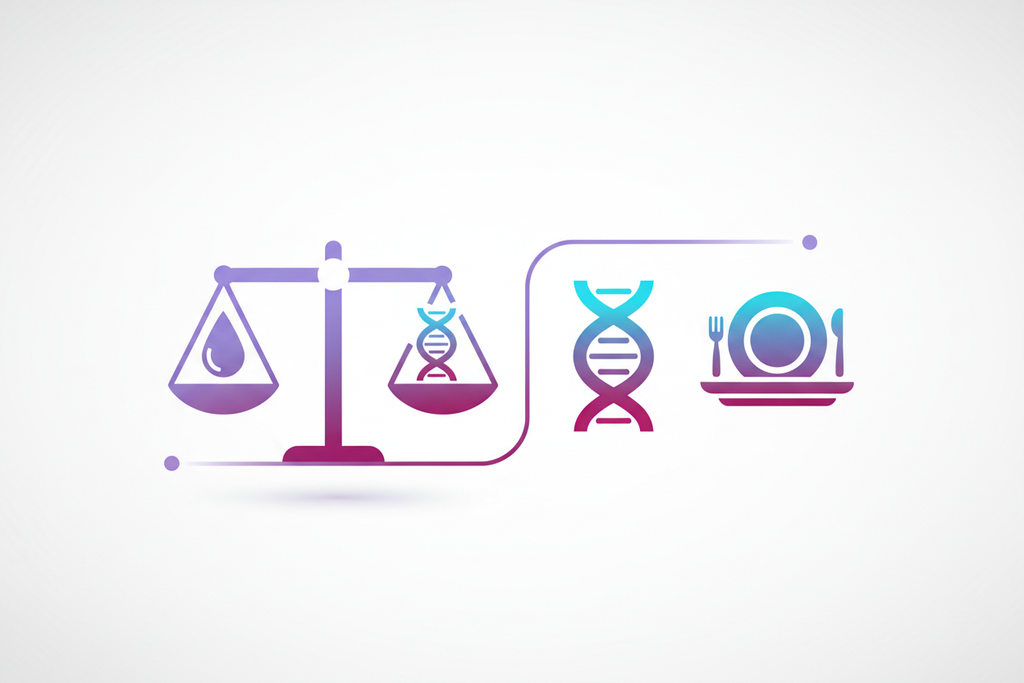 „Minimalistisches Health-Visual: abstrakte Waage + Bluttropfen + DNA-Helix + Teller-Icon, clean white background, Gradient Lila/Cyan/Dunkelrosa, modern premium, 16:9, keine Texte“