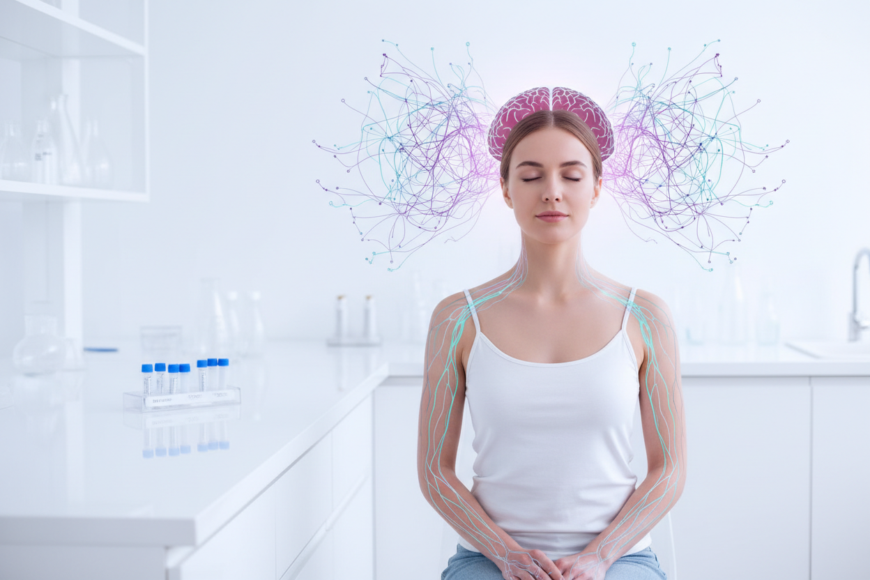 otorealistisches, hochwertiges Bild in Labor-Ästhetik: moderne, helle Forschungsumgebung mit viel Weißraum, eine ruhige Person im Vordergrund (geschlechtsneutral), Augen geschlossen oder sanfter Fokus, Symbol für innere Balance. Dezente visuelle Elemente wie neuronale Netzwerke, Gehirn-Silhouette oder feine Lichtlinien, die Kopf und Nervensystem andeuten. Im Hintergrund ein minimalistisches DNA-Testkit ohne Markenlogo. Farbpalette: Lila, Cyan und dunkles Rosa, weiches Studiolicht, clean, vertrauenswürdig, w