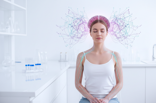 otorealistisches, hochwertiges Bild in Labor-Ästhetik: moderne, helle Forschungsumgebung mit viel Weißraum, eine ruhige Person im Vordergrund (geschlechtsneutral), Augen geschlossen oder sanfter Fokus, Symbol für innere Balance. Dezente visuelle Elemente wie neuronale Netzwerke, Gehirn-Silhouette oder feine Lichtlinien, die Kopf und Nervensystem andeuten. Im Hintergrund ein minimalistisches DNA-Testkit ohne Markenlogo. Farbpalette: Lila, Cyan und dunkles Rosa, weiches Studiolicht, clean, vertrauenswürdig, w