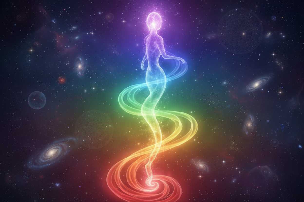 travel of soul like light going from red to purple in rainbow colors