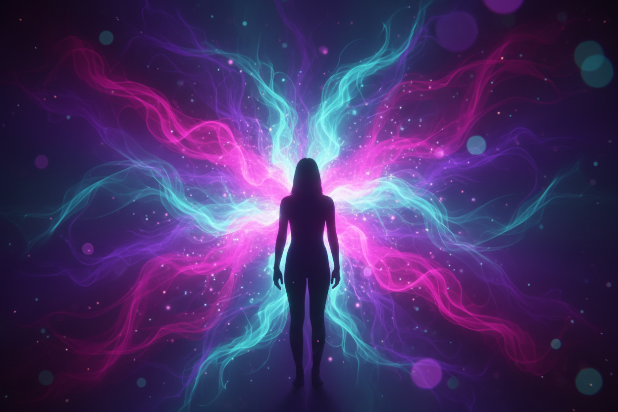 Unsere Farben: Lila #6600CD, Cyan #33BBB8, dunkel Rosa #A901B0
 energie koper und aura spritual photo of body