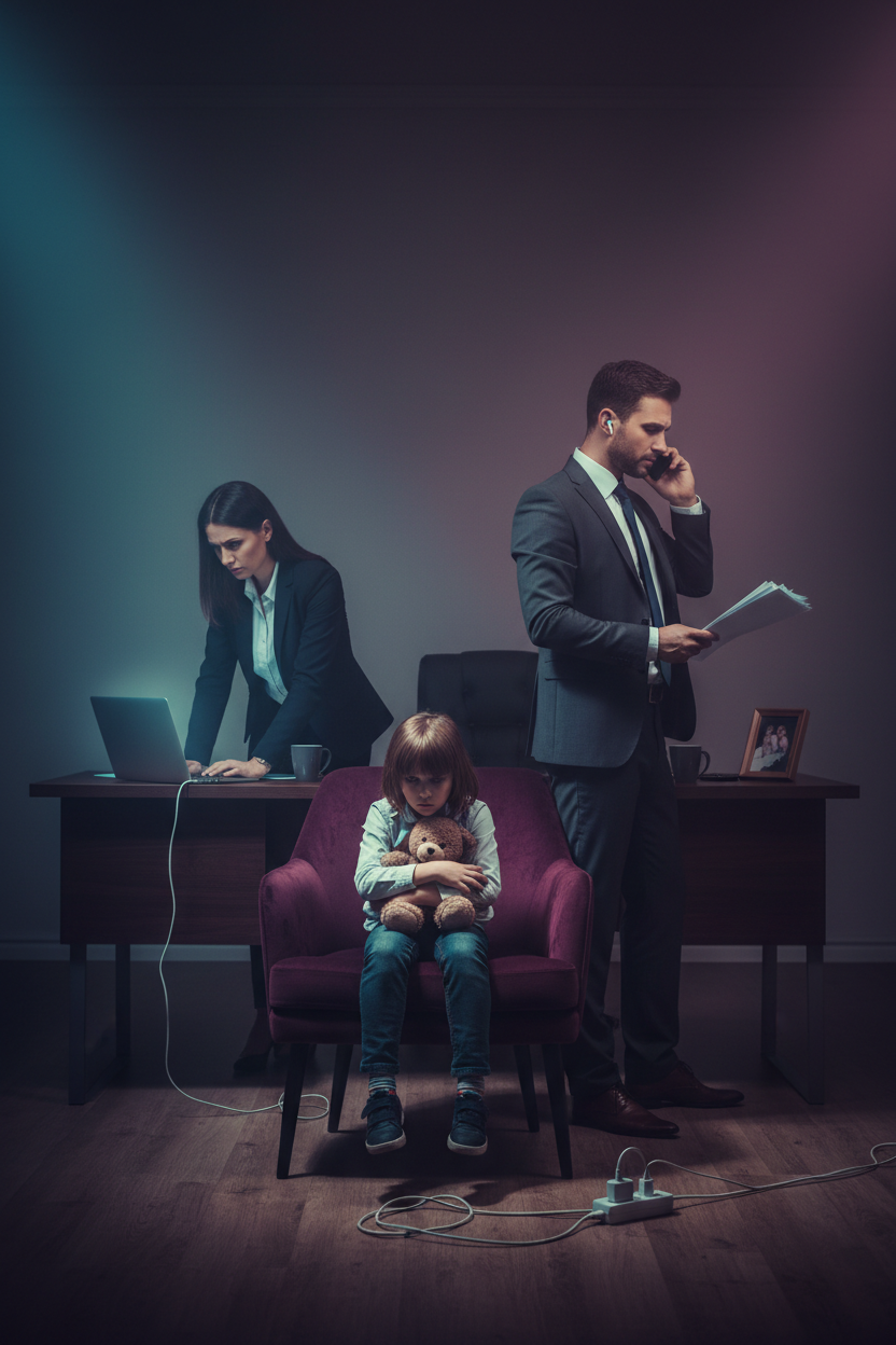 vertical und beide eltern sollen im bild beäschftigr mit der arbeit sein etwas heller abaer trottdem dunkel