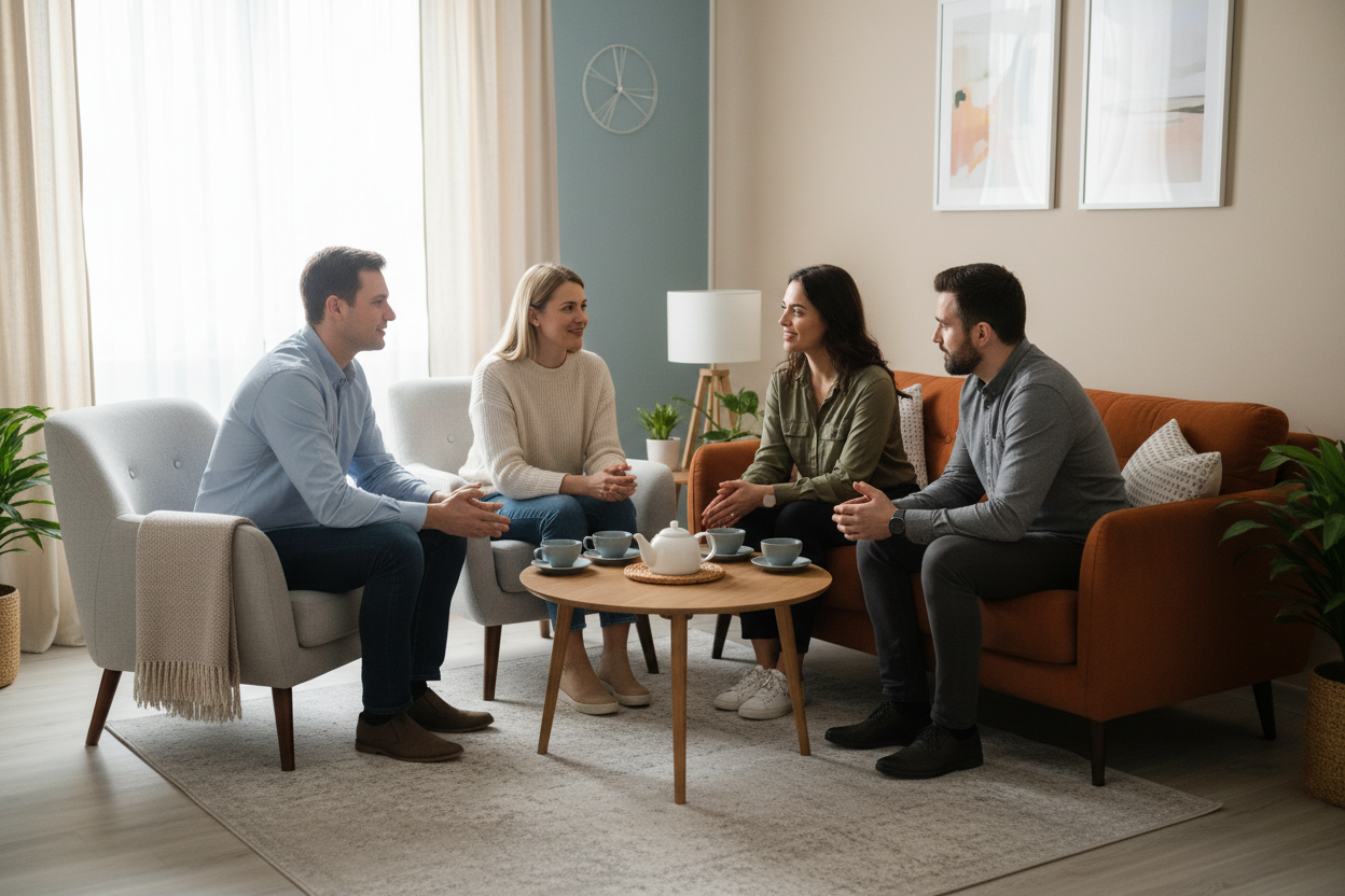 Was bedeutet 2:2?
Im 2:2-Setting arbeitet ihr als Paar gleichzeitig mit zwei Paartherapeut:innen. Beide Partner werden gleichwertig wahrgenommen, Interaktionen werden in Echtzeit begleitet und neues Verhalten wird direkt im Moment des Geschehens trainiert.