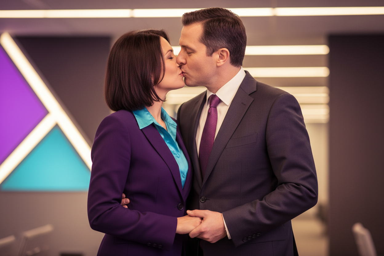 zarte Liebe und 100% selbswirsamkeit in einem paar die sehr liebvoller einander kussen und die beiden professionell ausseheh wie sie CEO sind. Lila #6600CD, Cyan #33BBB8, dunkel Rosa #A901B0
